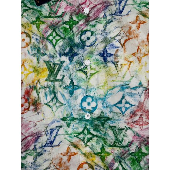 Louis Vuitton Pastel Multicolor Monogram Logo Short Sleeve Button Down Shirt L - Picture 7 of 13